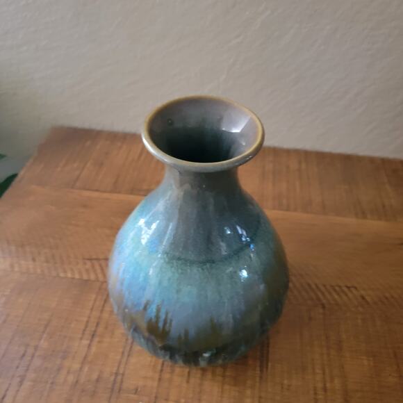 Vintage Drip Glaze Ceramic Vase in Teal and Brown with Flared Rim 8.5 Inch Tall - Picture 2 of 10